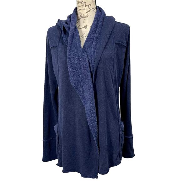 elan Navy Blue Hooded Open Draped Cardigan Sweater Cozy Boho Size Medium - Picture 1 of 9